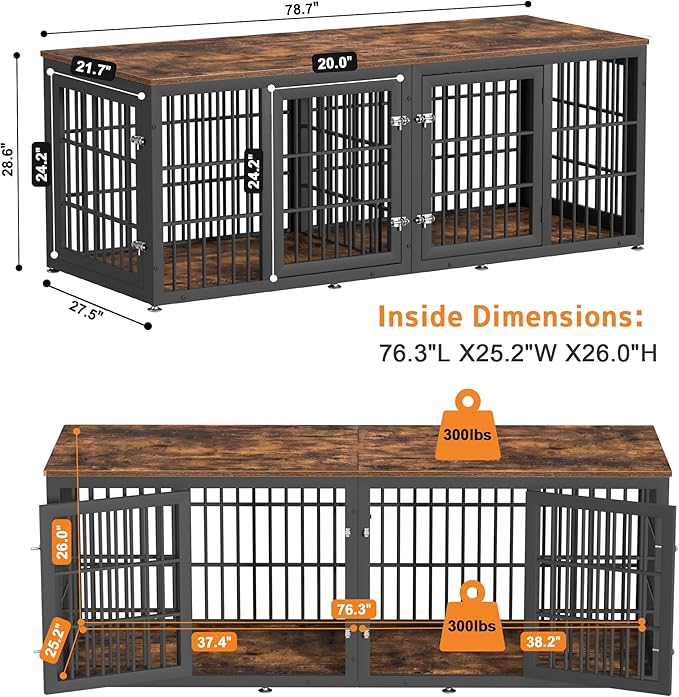 78 Inch Double Dog Crate Furniture, Heavy Duty Extra Large Cage Furniture with Divider for 2 Dogs, Decorative Wooden Kennel Furniture Indoor, Metal Pet House for Large and Medium Dogs