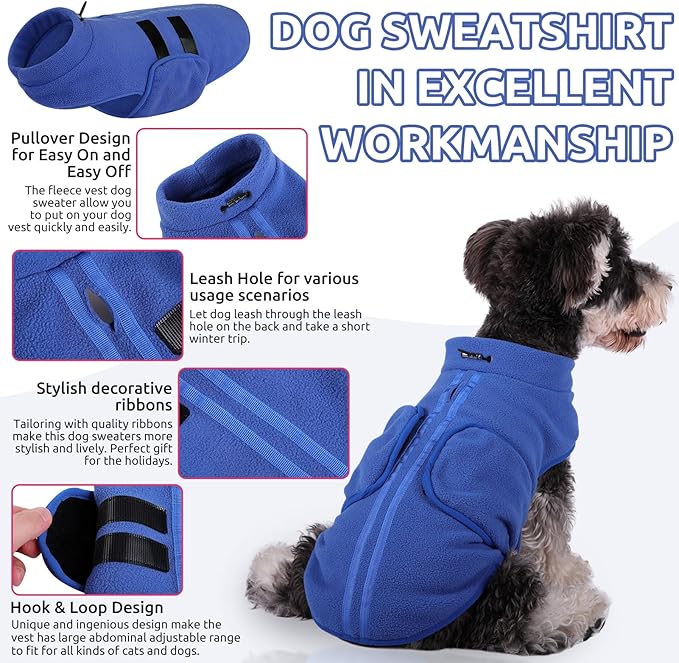 Queenmore Small Dog Sweater, Soft Fleece Vest Pullover Dog Jacket with Leash Hole, Warm Winter Dog Coats Cold Weather Doggy Dachshund Sweaters for Small Dogs Cats Boy or Girl (Blue, XL)