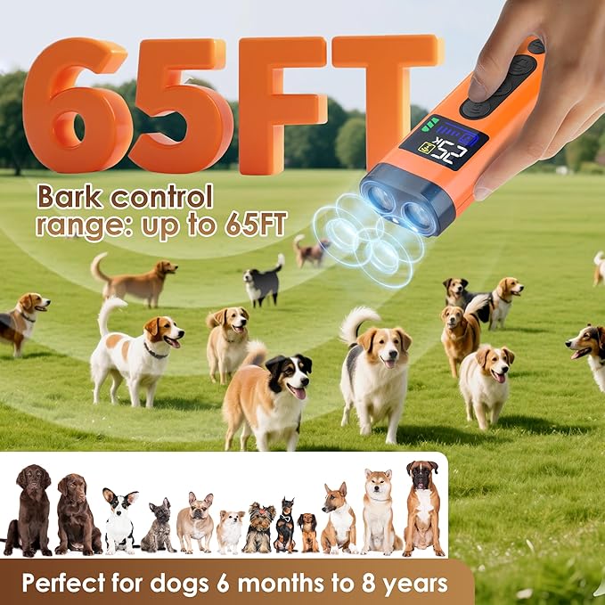 Dog Bark Deterrent Device – 65FT Range Anti Barking Device for Dogs, Stops Neighbor’s Dog Barking with 3 Ultrasonic Frequencies (25/30/40kHz) & 5 Sound Modes, for Indoor & Outdoor Training