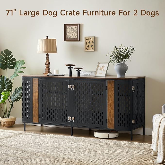 ONBRILL 71" Dog Crate Furniture for 2 Dogs, Indoor Heavy Duty Dog Crate with Removable Divider and 4 Doors, Escape Proof Pet Cage, XXL Thicken Wooden Kennel TV Stand for Medium Large Dogs,Brown