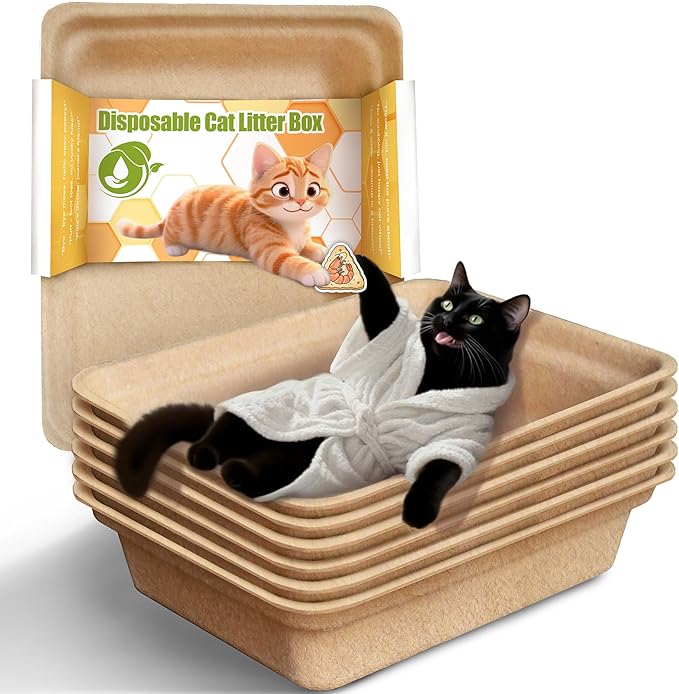 Disposable Litter Boxes for Cats Leak-Proof: 6-Pack Odor Control Sustainable Large Kitty Tray for Travel/Indoor Use
