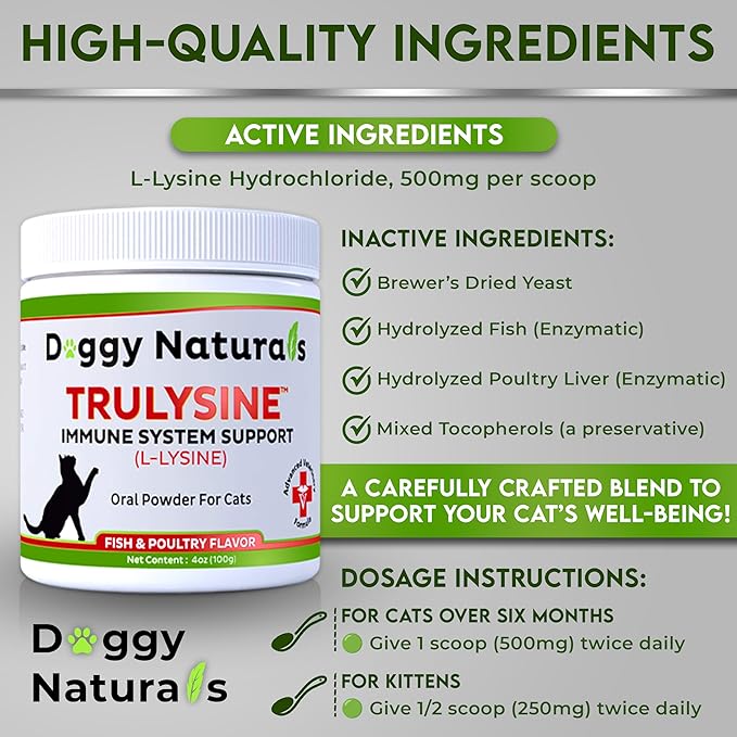 Trulysine L-Lysine for Cats Immune Support Oral Powder 4oz/100g - Cats & Kittens of All Age, Sneezing, Runny Nose Squinting, Watery Eyes - Fish & Poultry Flavor (U.S.A)(100 Grams ( 500mg / Scoop))