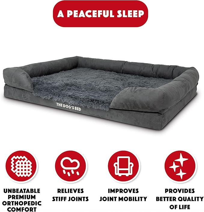 The Dog’s Bed, XXL Grey Fur Memory Foam, Pain Relief: Arthritis, Hip & Elbow Dysplasia, Post Surgery, Lameness, Supportive, Calming, Waterproof, Washable Cover