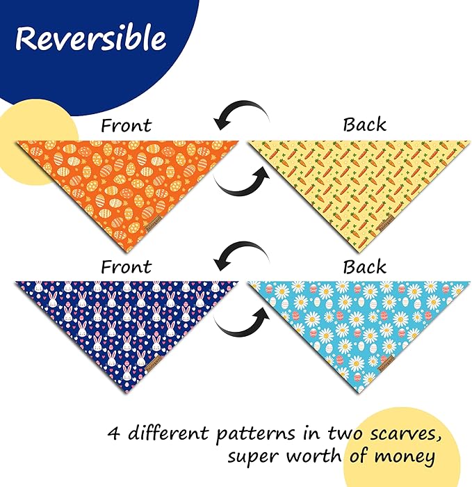 Easter Dog Bandanas 2 Pack, 4 Pattern Reversible Holiday Bandana for Boy and Girl, Premium Durable Fabric, Spring Triangle Scarf for Medium to X Large Breed Dogs (X-Large)