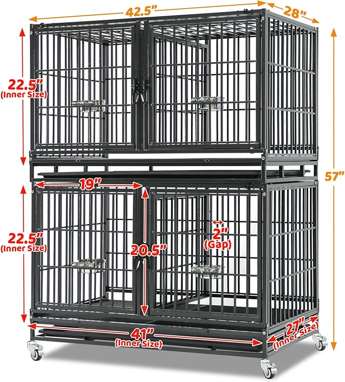 Homey Pet 43 inch Dog Crate Stackable Heavy Duty Dog Kennel Indoor Dog Grooming Cage with Detachable Divider, Removable Tray, Wheels, Feeding Bowls (2 Tiers)