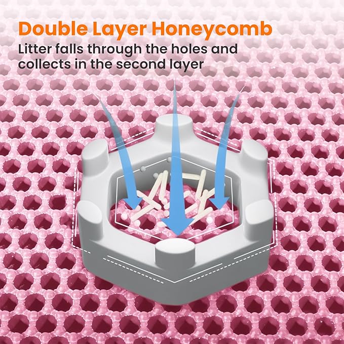 Extra Large Cat Litter Mat, 30x22 Inches Honeycomb Double Layer Cat Litter Trapping Mat, Non Slip Waterproof Urine Proof Large Kitty Litter Box Mat for Floor, Kitten Supplies, XL, Pink