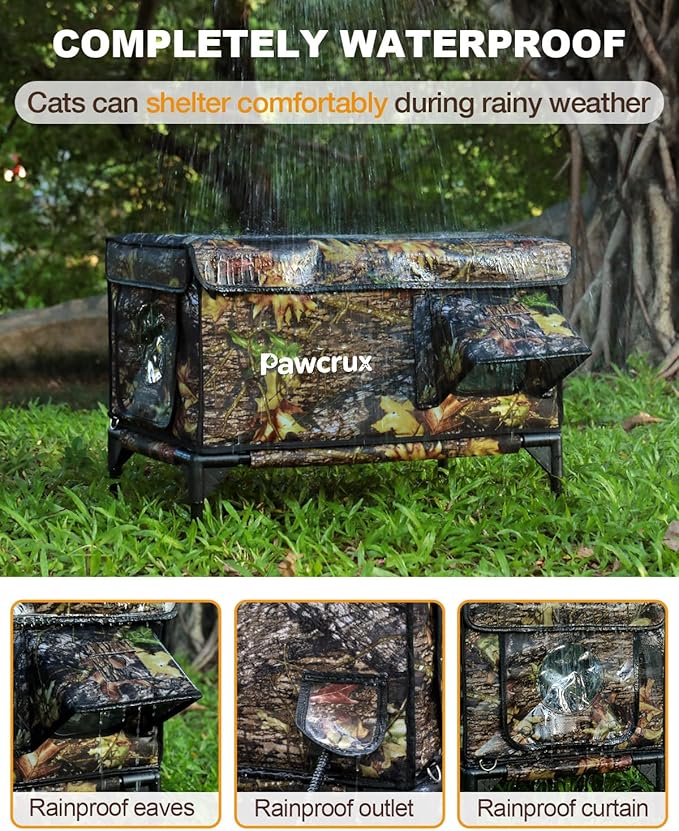 Heated Cat House for Outdoor in Winter, Insulated & Safe Escape Door & Waterproof Heated Cat Bed Shelter with Heating Pad, Warm Home for Outside Feral Barn Stray Kitty(Leaf Color, 17.7"x25.5"x17.9")