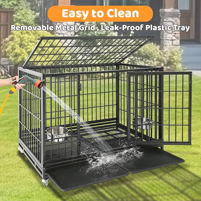 Homey Pet 48 Inch Heavy Duty Indestructible Dog Crate, Stackable Escape Proof Dog Cage Kennel Indoor with Two Trays, Metal Grids, Wheels, Bowls, Double Doors for High Anxiety Large Dogs(2 Tiers)