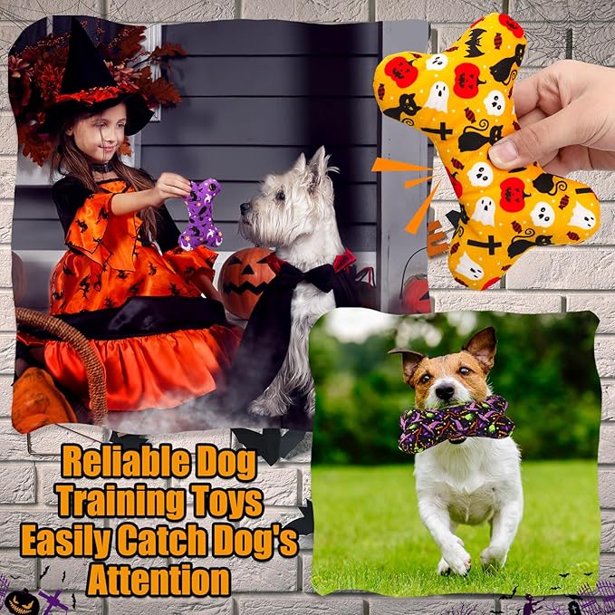 6 Pack Halloween Dog Squeaky Bone Toys Halloween Plush Interactive Dog Pets Birthday Bone Shape Stuffed Chew Toys for Puppy Small Medium Large Squeak Toss Play