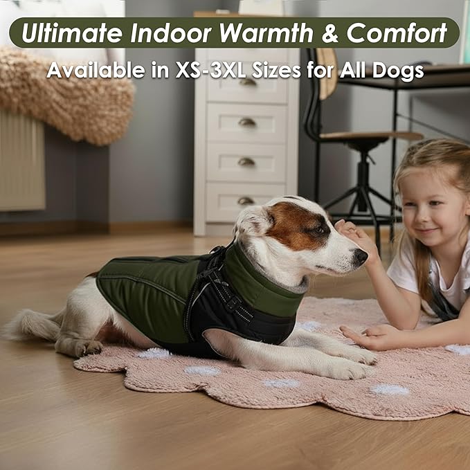 ASENKU Reflective Dog Coat with Built-in Harness, Windproof Fleece-Lined Dog Jacket for Small, Medium, Large Dogs, Warm Winter Vest with Turtleneck & Zipper (Green L)