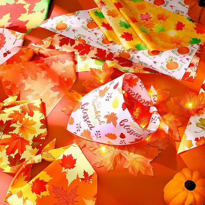 Preboun 100 Pcs Fall Thanksgiving Dog Bandanas Bulk Pumpkin Maple Leaves Bandanas for Dogs Triangle Kerchief Bibs Scarf for Pets Costume Photo Props Accessories Pet Shops Adoption Events, 25 Styles