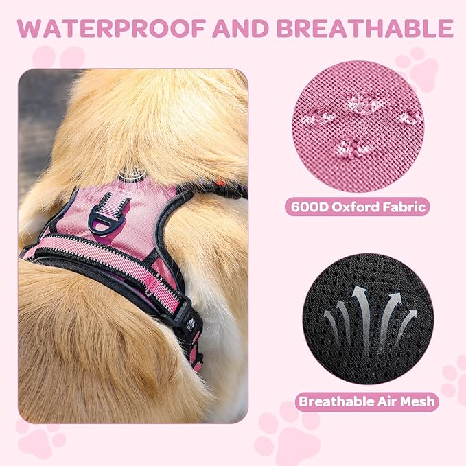 FURRYFECTION XL No Pull Dog Harness, Reflective Vest, Adjustable, Soft Padded, Front Lead, Leash, Seat Belt, Pink