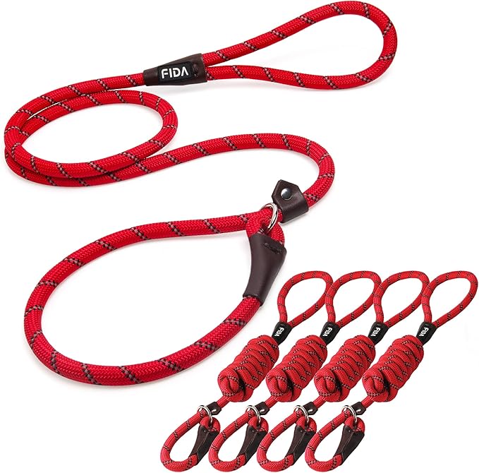 Fida Durable Slip Lead Bulk Pack of 5, Heavy Duty 1/2" x 6 FT Comfortable Strong Rope Slip Leash for Large, Medium & Small Dogs No Pulling Pet Training Leash with Highly Reflective Red