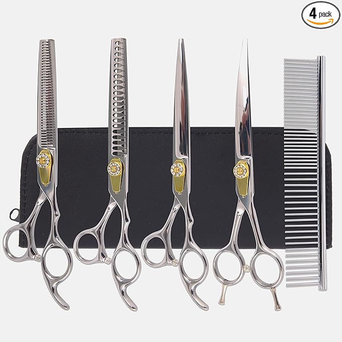 7 Inch Professional Dog Grooming Scissors Kit, 6-in-1 Grooming Scissors for Dogs, Pet Grooming Shears Set, Straight Scissor & Thinning Shear & Curved Scissor & Chunker Shear (Silver)