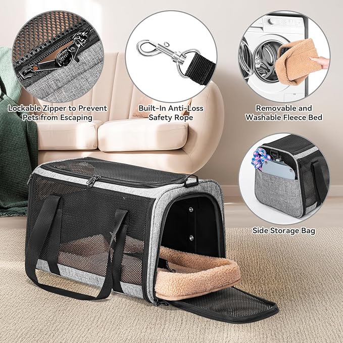PETSFIT Cat Car Carrier for Small/Medium Cats Dogs, 18"x11"x11" Airline Approved Cat Carrier, with Patent Safety Buckles and Escape-Proof Zipper - Safeguarding Car Travel, Airplane, Vet, Outdoor