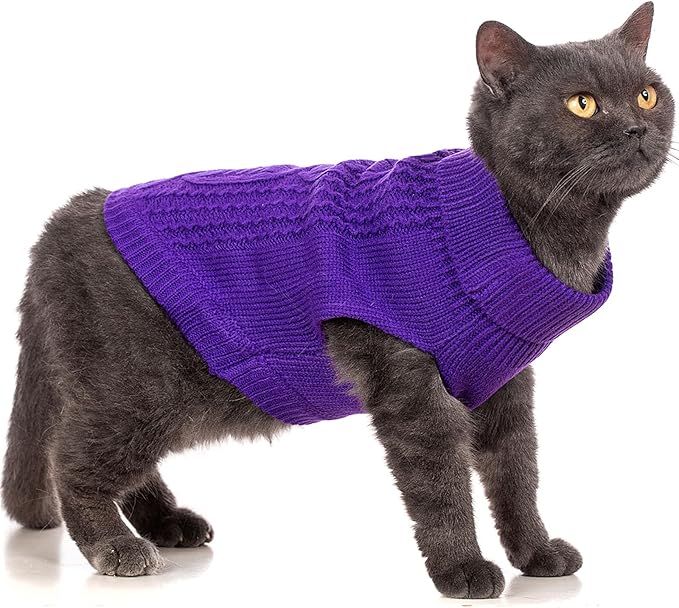 Stretchy Cat Sweater - 17 Colors & 6 Sizes | Snug Winter-Ready Knit for Boy/Girl Cats & Kittens(Deep Purple, Medium)