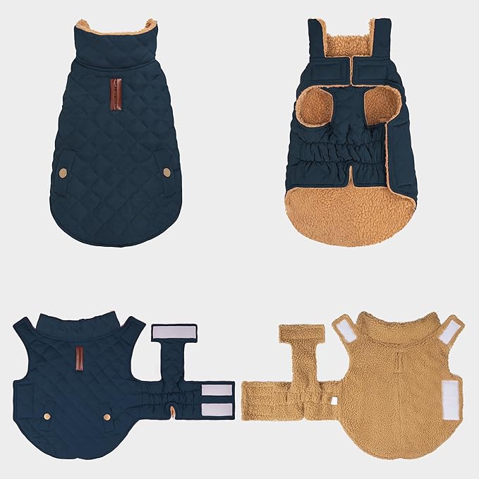 azuza Dog Jacket for Large Dogs Waterproof & Windproof Dog Coat for Small Dogs with Thick Fleece, High Collar with Leash Hole, Adjustable Velcro & Elastic Belly, Navy 3XL