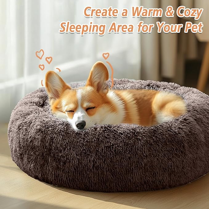 JOLLYVOGUE Calming Dog & Cat Bed for Small Dogs, Anti-Anxiety Donut Cuddler Cozy Soft Round Bed with Anti-Slip Bottom, Fluffy Faux Fur Plush Cushion Beds for Small Medium Pets (20")