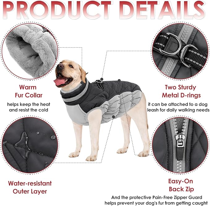 AOFITEE Dog Coat, Warm Dog Winter Coat, Reflective Cold Weather Dogs Puffer Jacket with Harness Built in, Waterproof Pet Fleece Vest Snowsuit for Small Medium Large Dogs, Grey L