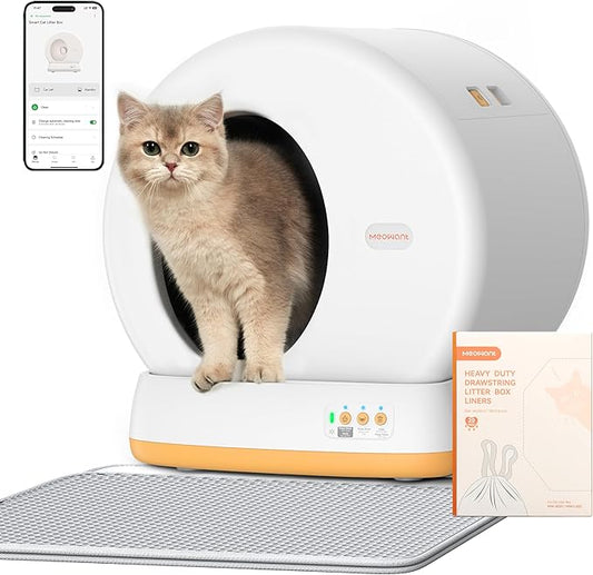 MeoWant Automatic Cat Litter Box，Anti Pinch Self Cleaning Litter Box for Multiple Cats, App Control/Odor Free/Extra LargAutomatic Cat Litter Box Includes Trash Bags, Yellow
