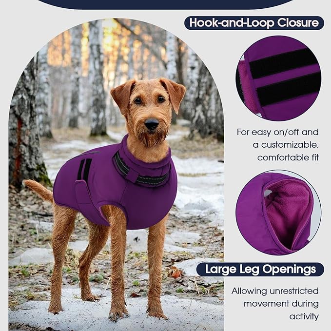 IECOii Winter Dog Coat for Extra Large Dogs, Waterproof Reflective Dog Snow Jacket for Giant Breeds, Built in Collar Snowsuit Thermal Dogs Cold Weather Coats for Great Dane, Purple - 4XL