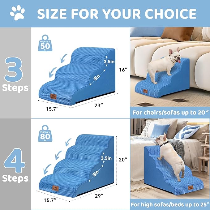 Dog Ramp and Stair for Bed 16" H-20 H,3-Step Cat Stair for Sofa and Chair,4-Step Dog Ramp for High Bed and Window,Durable Nonslip Fabric Cover for Indoor (Blue-20“H, Pet Friendly, 4)