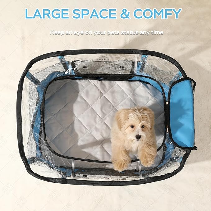 Portable Pet Playpen with Waterproof pad,Collapsible Crates Kennel Playpen for Dog cat and Rabbit &Travel playpen Outdoor or Indoor (Large（35.4" L x 27.6" W x 23.6" H）, Clear Blue)