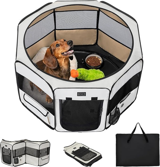 PETSFIT Portable Dog Playpen,36" Dog Play Pen Indoors with Removable Waterproof Mat & Zippered Roof | RV, Camping, Travel Dog Pen | Whelping & Cat Observation Space(36" L x 36" W x 21" H)
