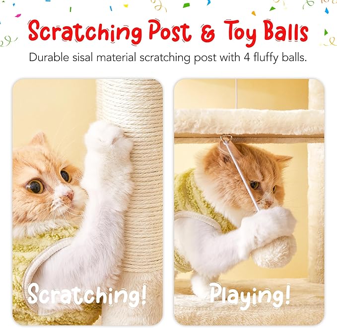 66-Inch Tall Cat Tree for Indoor Cats, Multi-Level Large Cat Tower with 3 Hammocks, 2 Padded Perches, cat Tree Tower with Scratching Post and Hanging Toys for Large Adult, Beige