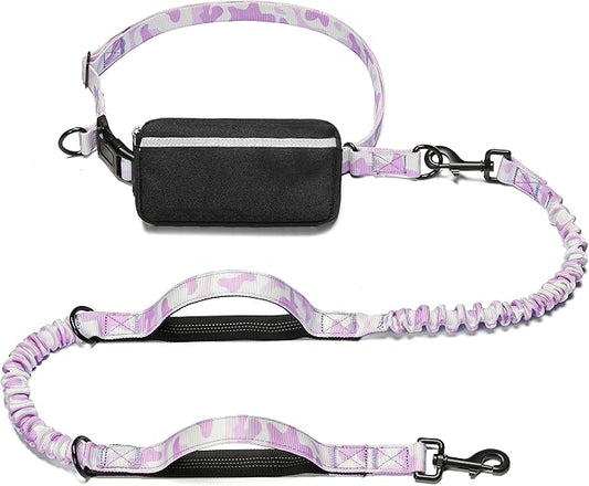 iYoShop Hands Free Dog Leash with Zipper Pouch, Dual Padded Handles and Durable Bungee for Walking, Jogging and Running Your Dog (White-Purple Mix, Large)