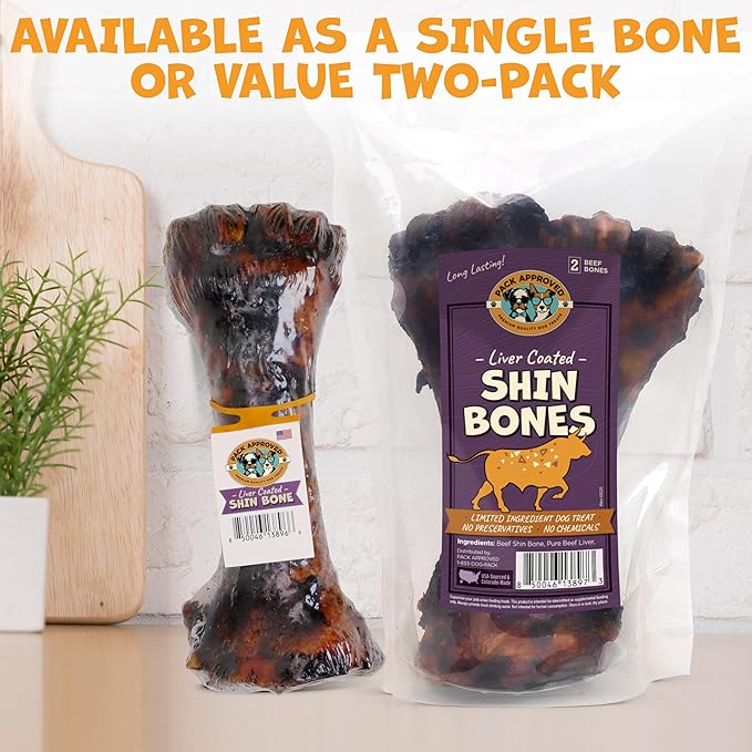 Beef Shin Bones for Dogs - Liver Coated Long Lasting Dog Chews for Aggressive Chewers - Rawhide-Free Big Bones for Large Dogs - Healthy Large Dog Bone (1 Pack)