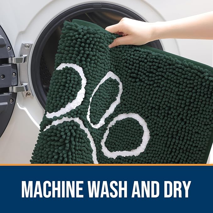 OLANLY Dog Door Mat for Muddy Paws 24x16, Paw Print Design, Absorbs Moisture and Dirt, Absorbent Non-Slip Washable Doormat, Quick Dry Chenille Mud Mat, Entry Indoor Entryway Carpet, Blackish Green