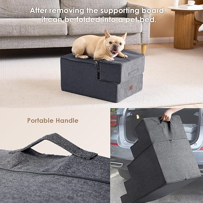 EHEYCIGA Dog Stairs for Small Dogs 16.5" H, 3-Step Extra Wide Dog Steps for Couch Sofa and Chair, Pet Steps for Medium Cats, Non-Slip Balanced Pet Ramp Indoor, Grey