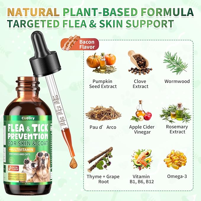 Oral Flea & Tick Prevention for Dogs and Cats, Natural Flea and Tick Defense Drops with Multivitamin for Pets - Supports Healthy Skin & Coat - Flea Herbal Drops All Breeds and Sizes - Bacon Flavor
