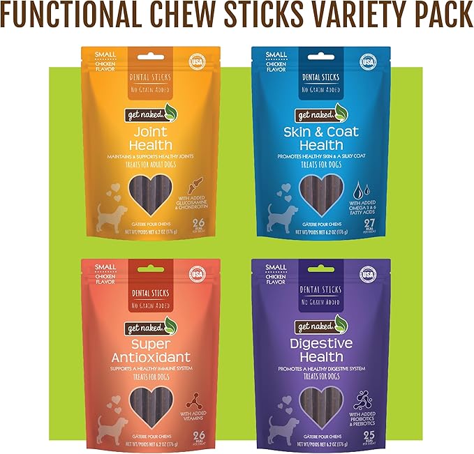 Get Naked Dental Sticks Grain-Free Chicken Flavor Dog Treats Variety Pack, Digestive Health + Skin & Coat + Joint Health + Super Antioxidant, Total 4 Bags, 24.8-oz, 64 Sticks