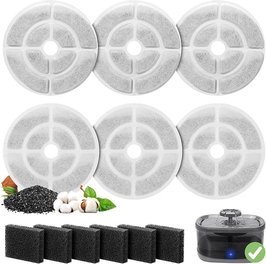 6 Pack Replacement Filters for 2.5Gal/9.5L Dog Water Fountain, GISOFIK 18CM Larger Cat Water Fountain Filters, Coconut Activated Dog Fountain Filters, Pet Fountain Filter Replacement(6 Pump Filters)