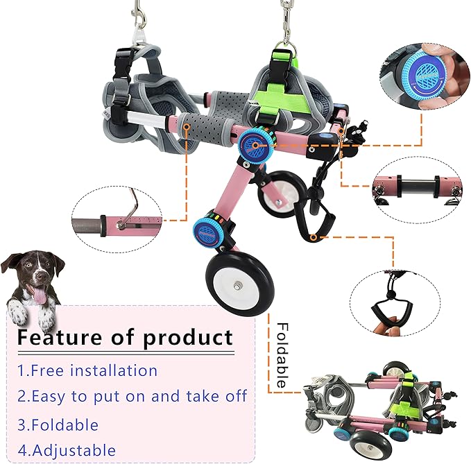 Adjustable Dog Wheelchair,Fordable Dog Wheelchair for Back Legs,Assist Small Pets with Paralyzed Hind Limbs to Recover Their Mobility Two Colour 5-Size (XXS Pink)