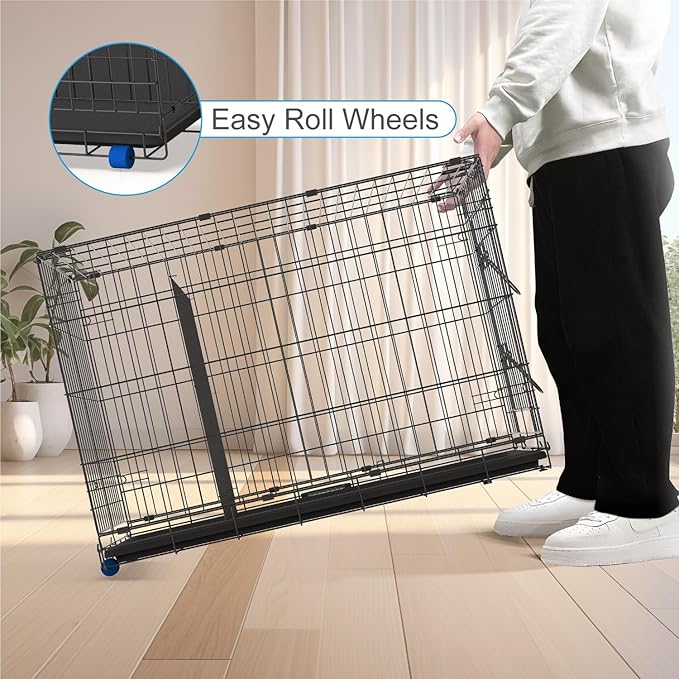 PetsTuff Great CRATES 36” Large Dog Crate - Heavy-Duty Dog Kennel with Divider Panel for Pets 40-60lbs - Durable Leaf-Proof Tray - Foldable, Carry Handle & Wheels for Easy Moving - Two-Door Dog Cage