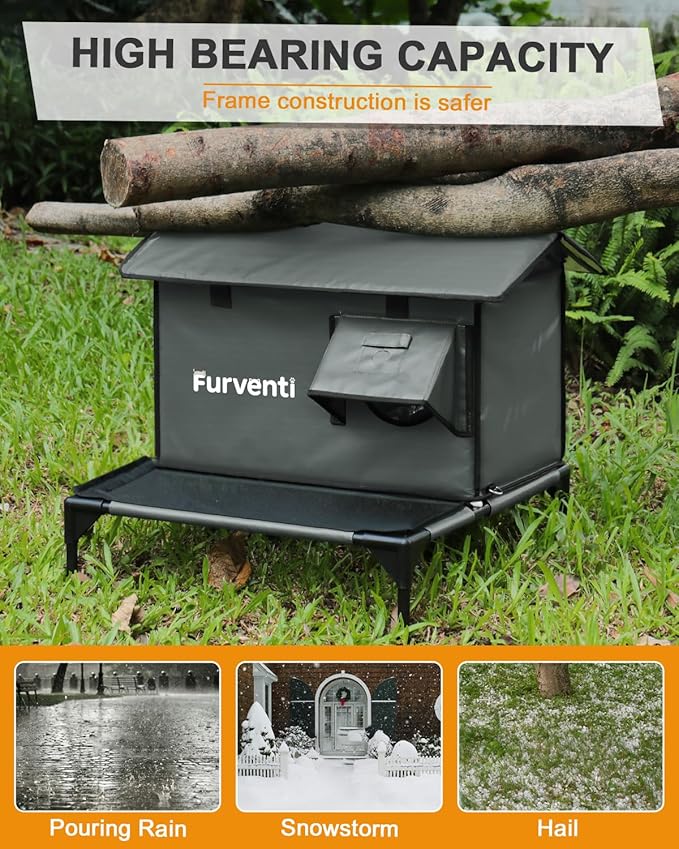 Heated Cat House for Outside,More Platform Space,Extremely Weatherproof & Insulated in Winter,Elevated Outdoor Cat Shelter with Eaves & Escape Door for Barn Feral Stray Cat(Dull Grey,Small)