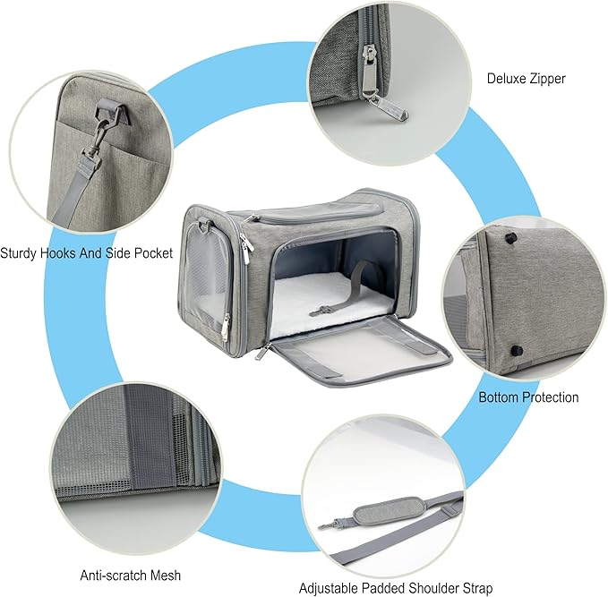 Soft Sided Carrier for Small Medium Cats Dogs,Removable Pad Collapsible Travel Pet Carrier Large Grey