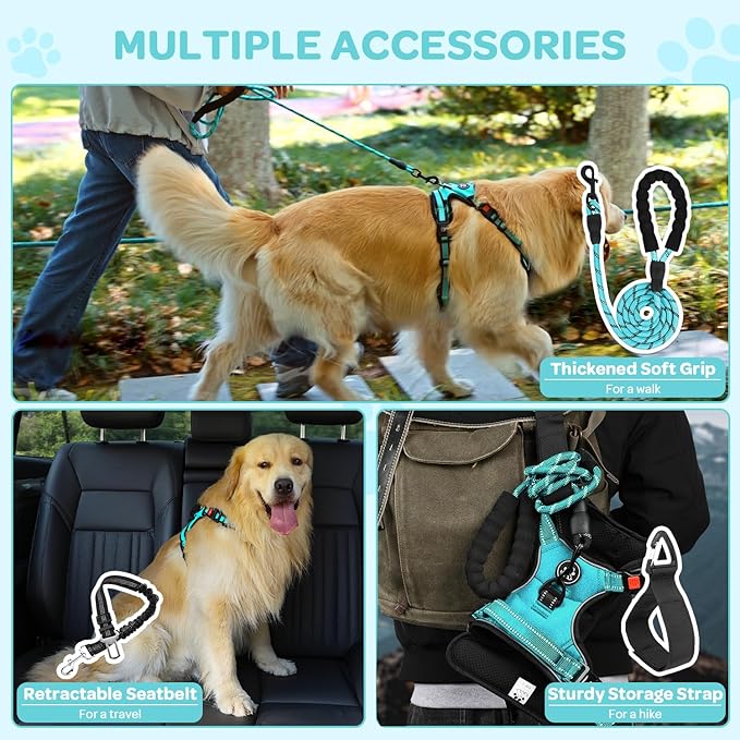 FURRYFECTION Dog Harness | No Pull Dog Harness | Reflective Oxford | Padded Handle | 4 Adjustable Straps | 2 Leash Clips | No Choke Pet Vest Harness for Small Medium Large Dogs | Turquoise | S