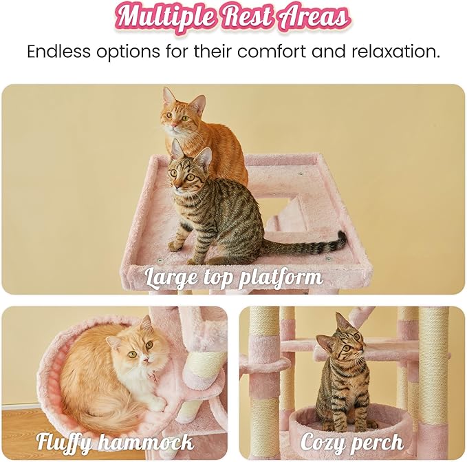 MWPO 74.8 Inches Pink Extra Large Cat Tree, Tall Cat Tower for Indoor Cats with Large Cat Condo, Wide Top Perch, Hammock, Sisal-Covered Scratching Posts, Toys for Kittens & Cats