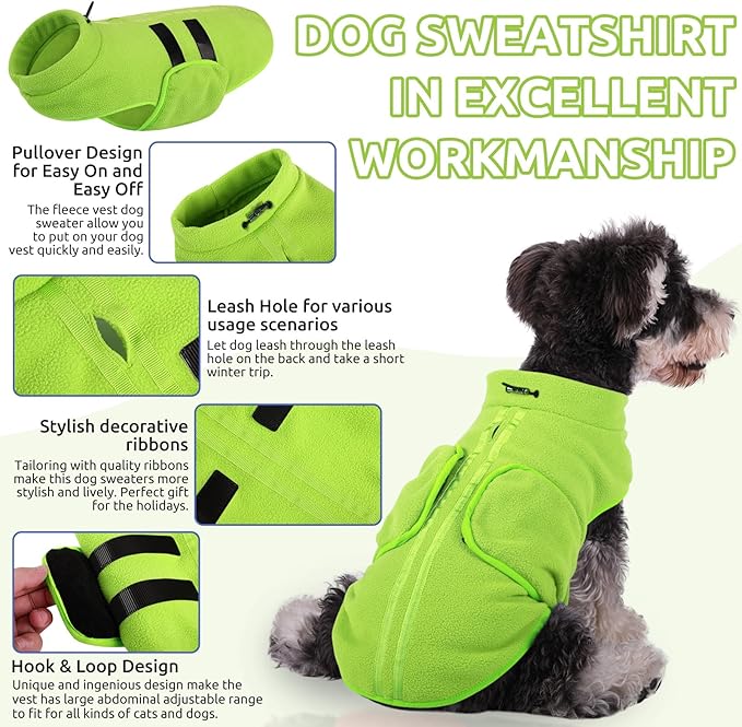 Queenmore XXL Dog Sweater, Soft Fleece Vest Pullover Dog Jacket with Leash Hole, Warm Winter Dog Clothes Cold Weather Doggy Dachshund Sweaters for Large Dogs Cats Boy or Girl (Green, XXL)