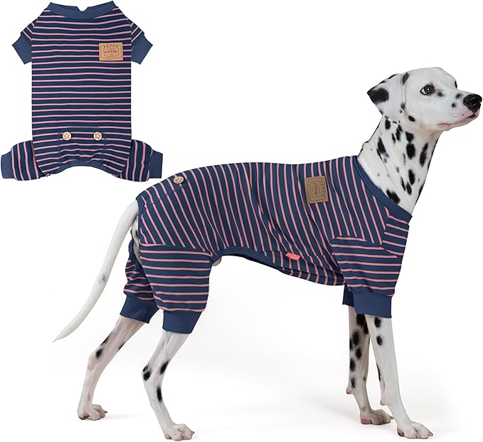 KYEESE Dog Pajamas, Striped Pet PJS Velvet Fleece Doggie Jammies, 4 Legs Outfit Soft Dog Pajamas, Cozy Pet Clothes Onesie, Comfortable PJS for Large Dogs,Navy Blue Striped,XXX-Large