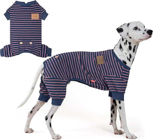 KYEESE Dog Pajamas, Striped Pet PJS Velvet Fleece Doggie Jammies, 4 Legs Outfit Soft Dog Pajamas, Cozy Pet Clothes Onesie, Comfortable PJS for Large Dogs,Navy Blue Striped,XXX-Large