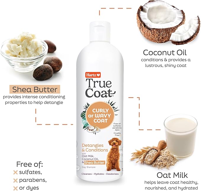 New! Hartz True Coat Curly or Wavy Coat Specific Dog Shampoo, Detangles & Conditions with Oat Milk, Coconut Oil & Shea Butter