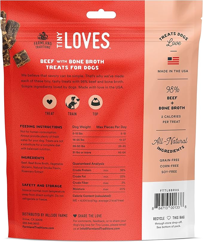 Farmland Traditions Tiny Loves Jerky Trainer Treats for Dogs w/Bone Broth (Beef, 5 oz.)