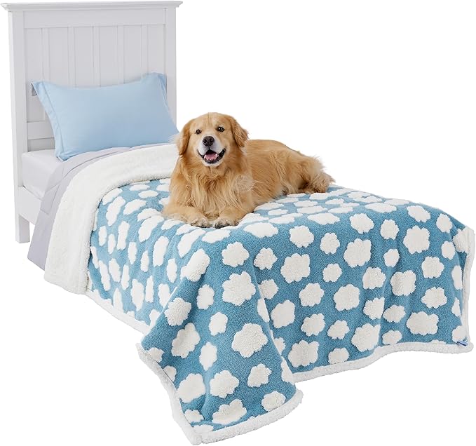 LE SURE Waterproof Dog Blanket for Large Dogs - Washable Double Sided Dog Blankets with Warm Jacquard Shag and Soft Sherpa Fleece, Pet Cat Blanket for Bed Protection, 3D Textured Cloud, Blue