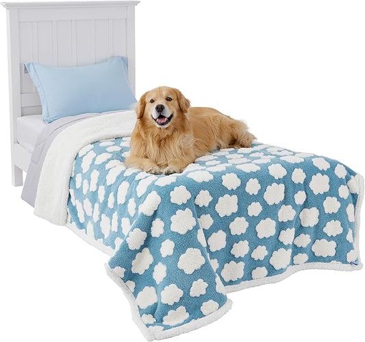 LE SURE Waterproof Dog Blanket for Large Dogs - Washable Double Sided Dog Blankets with Warm Jacquard Shag and Soft Sherpa Fleece, Pet Cat Blanket for Bed Protection, 3D Textured Cloud, Blue