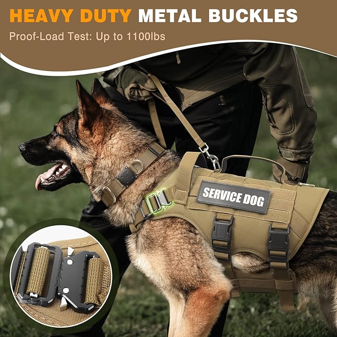 WINSEE Tactical Dog Harness with Dog Leash, Dog Collar, Service Working MOLLE Vest with 10 Pet Patches for Large Dog, No Pull Military Harness and Backpack with Airtag Holdler